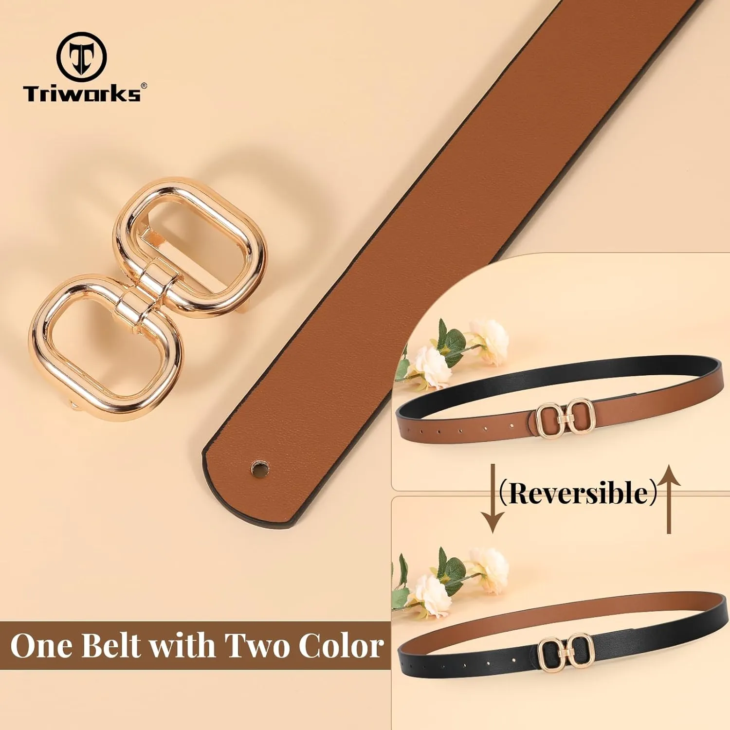 Reversible Leather Belt for Women with Gold Buckle Ladies Leather Belt for Jeans Pants