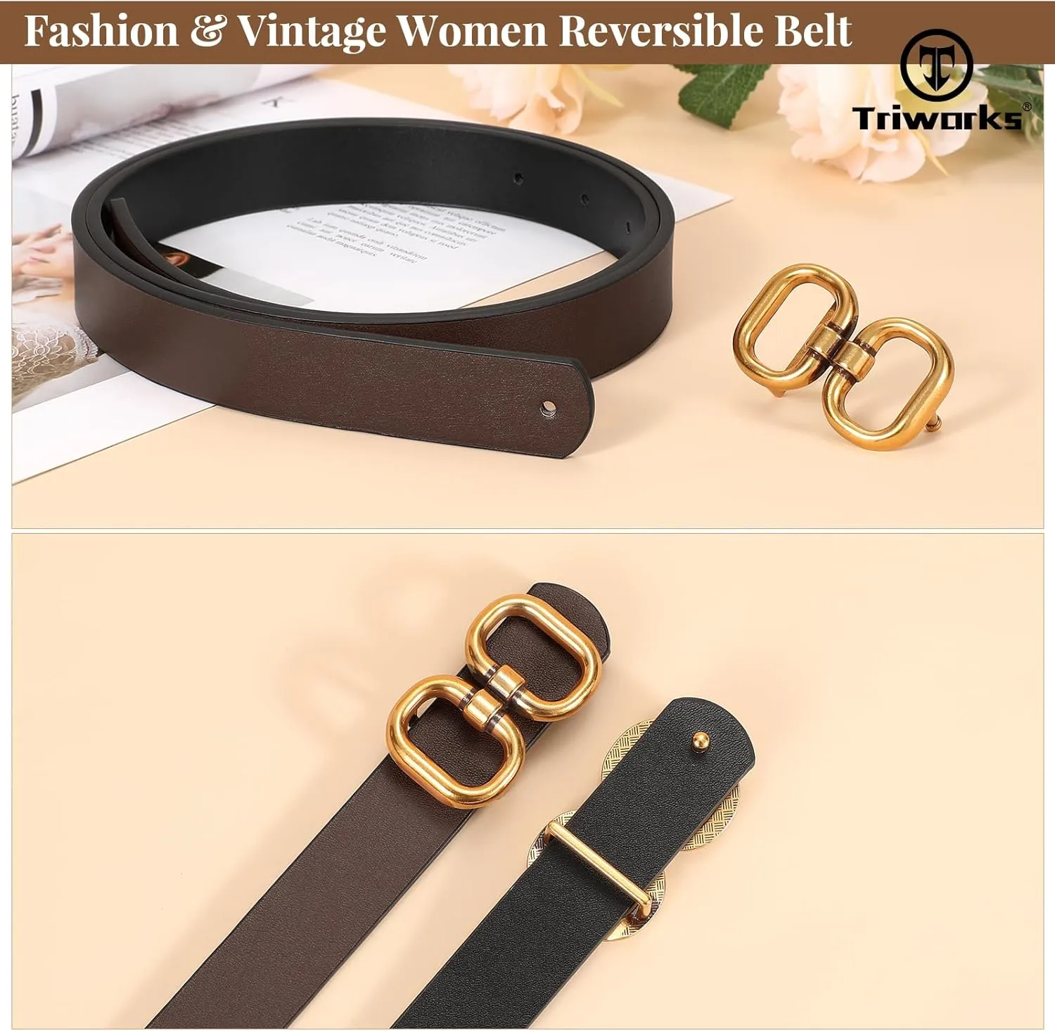 Reversible Leather Belt for Women with Gold Buckle Ladies Leather Belt for Jeans Pants