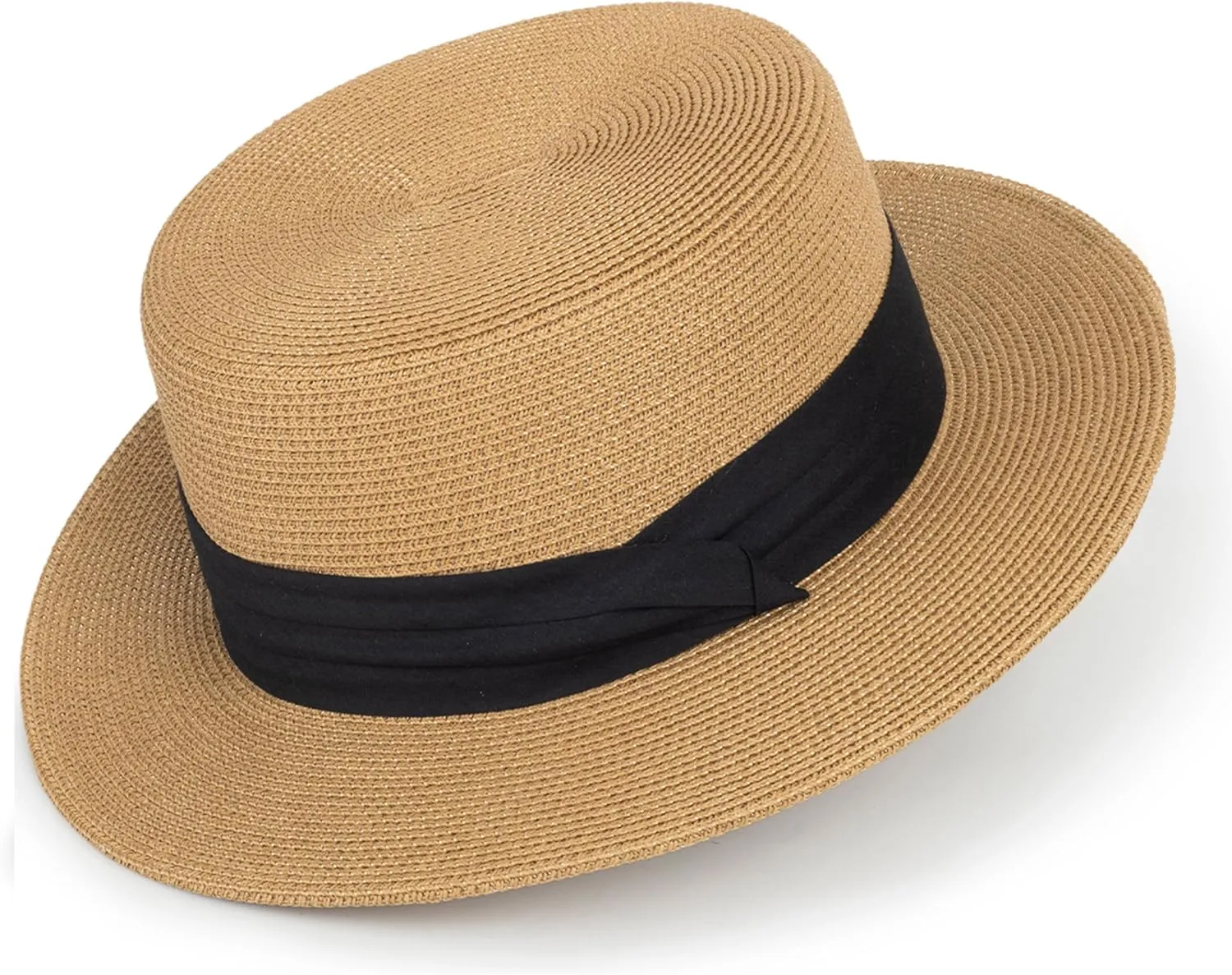 Straw Flat Top Sun-Boater-Hat for Men Women, Wide Brim Straw-Panama-Summer-Beach-Pork-Pie-Hats UPF 50  (S/M)