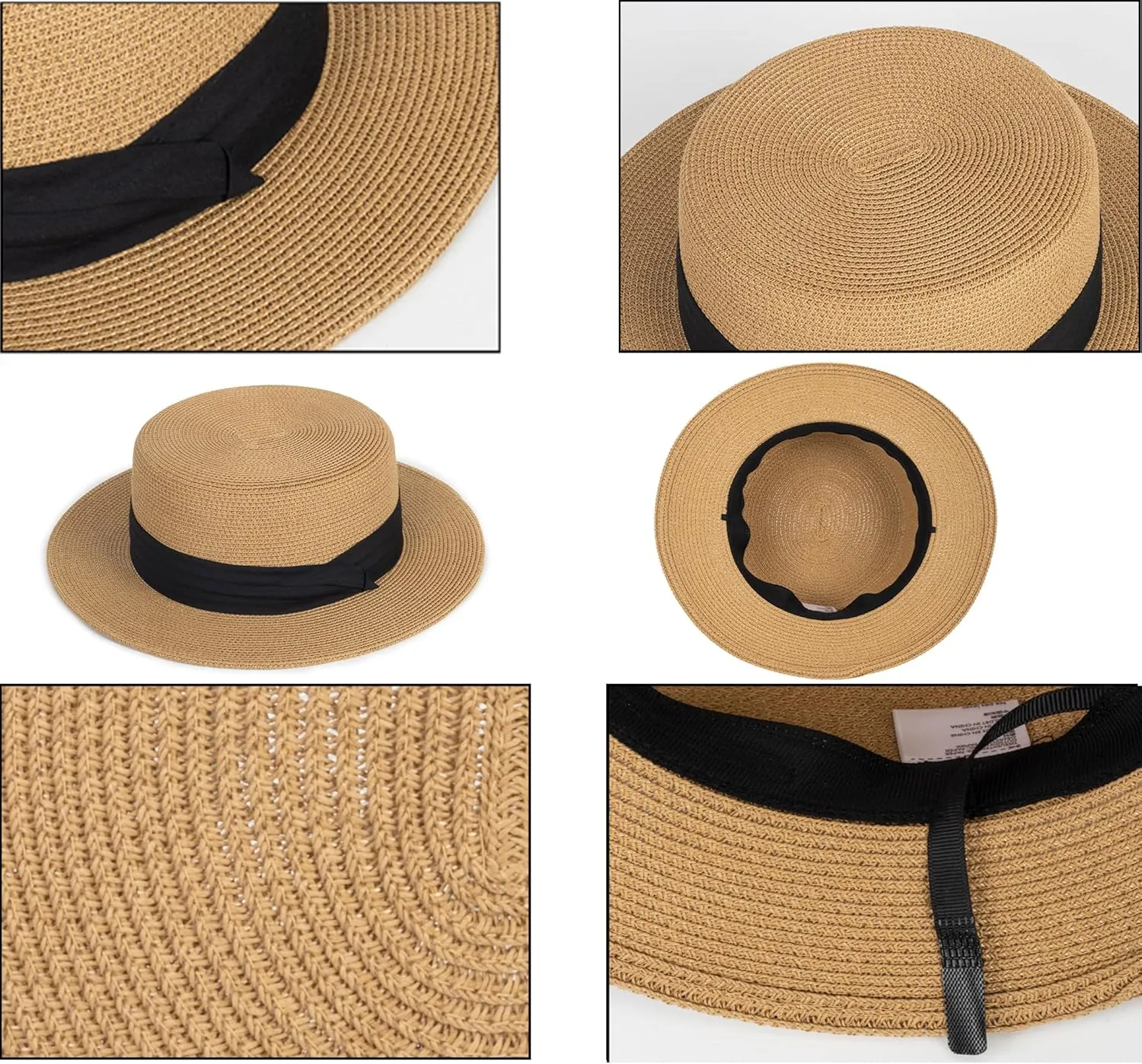 Straw Flat Top Sun-Boater-Hat for Men Women, Wide Brim Straw-Panama-Summer-Beach-Pork-Pie-Hats UPF 50  (S/M)