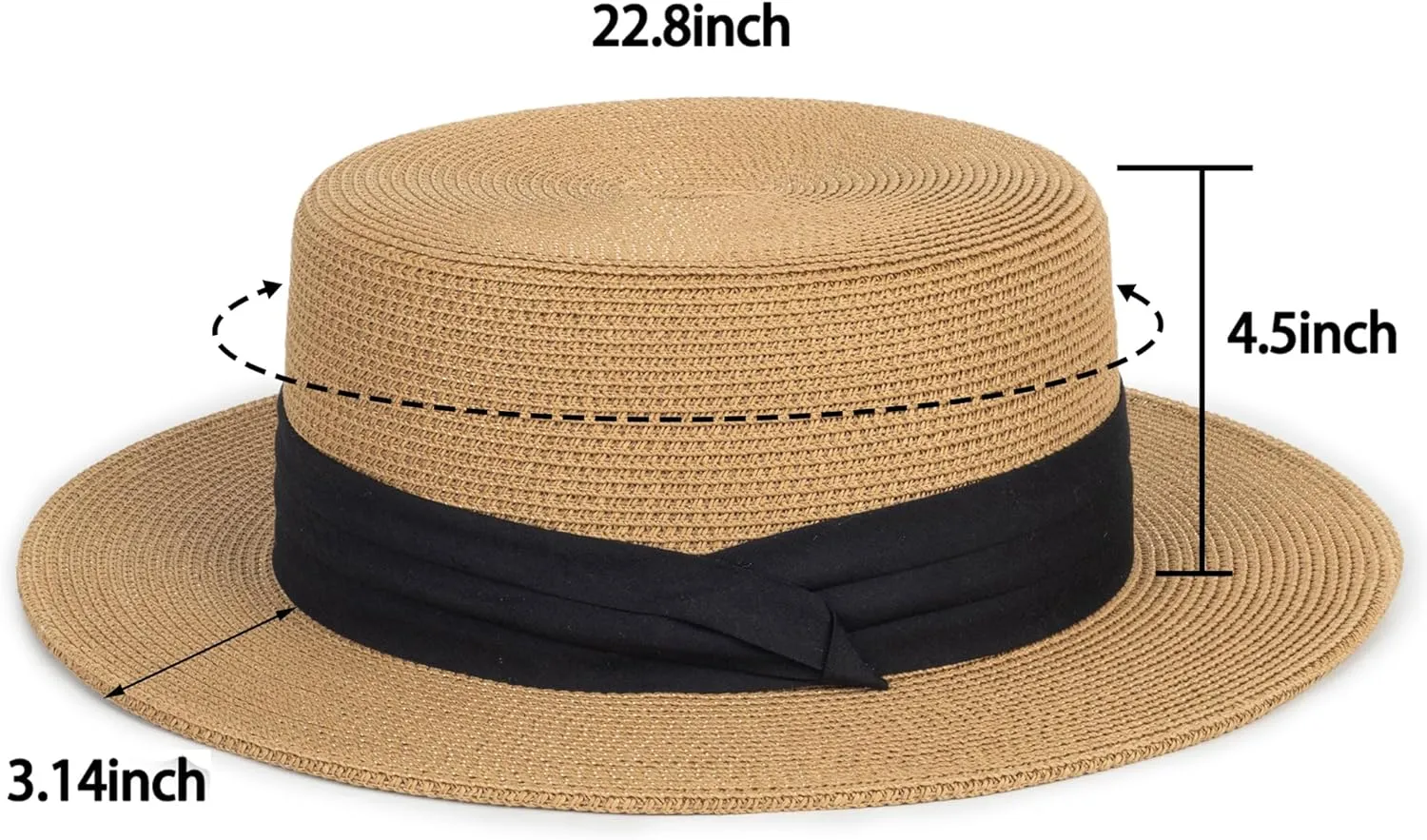Straw Flat Top Sun-Boater-Hat for Men Women, Wide Brim Straw-Panama-Summer-Beach-Pork-Pie-Hats UPF 50  (S/M)