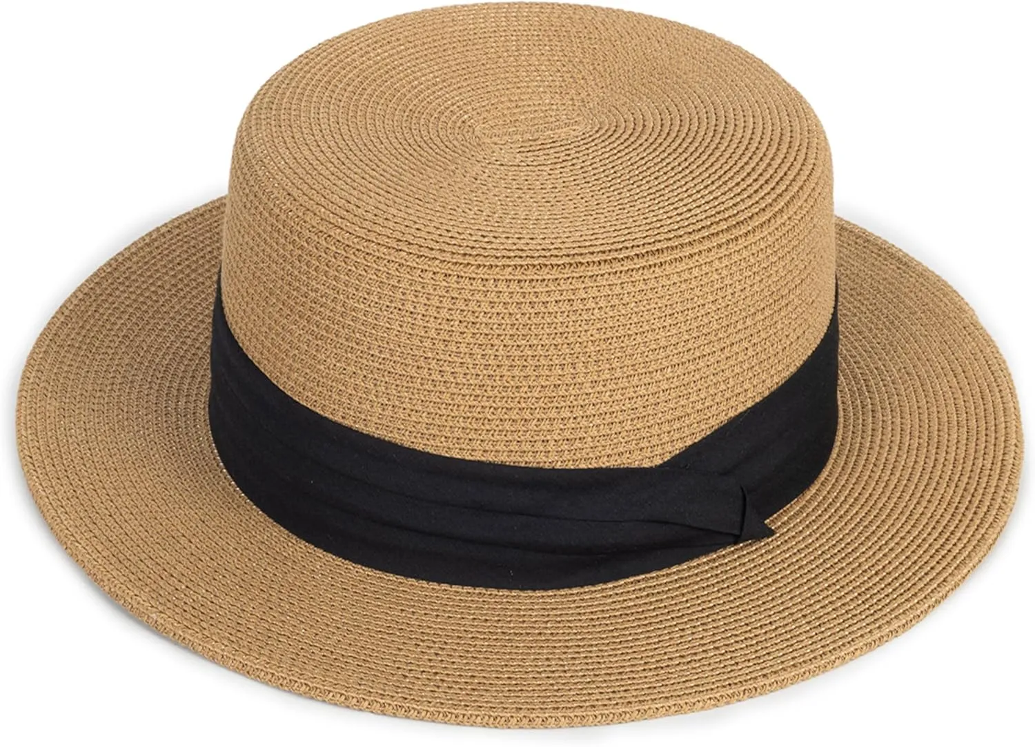 Straw Flat Top Sun-Boater-Hat for Men Women, Wide Brim Straw-Panama-Summer-Beach-Pork-Pie-Hats UPF 50  (S/M)