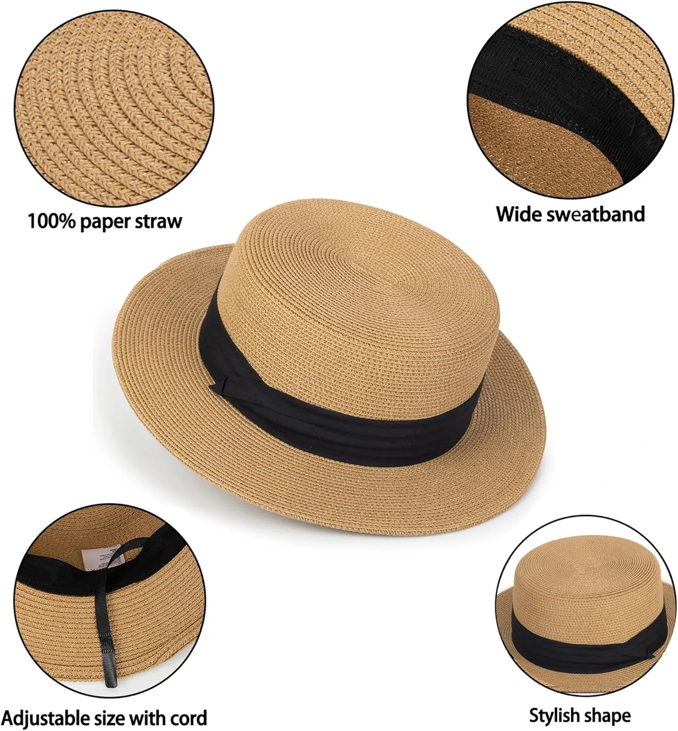 Straw Flat Top Sun-Boater-Hat for Men Women, Wide Brim Straw-Panama-Summer-Beach-Pork-Pie-Hats UPF 50  (S/M)