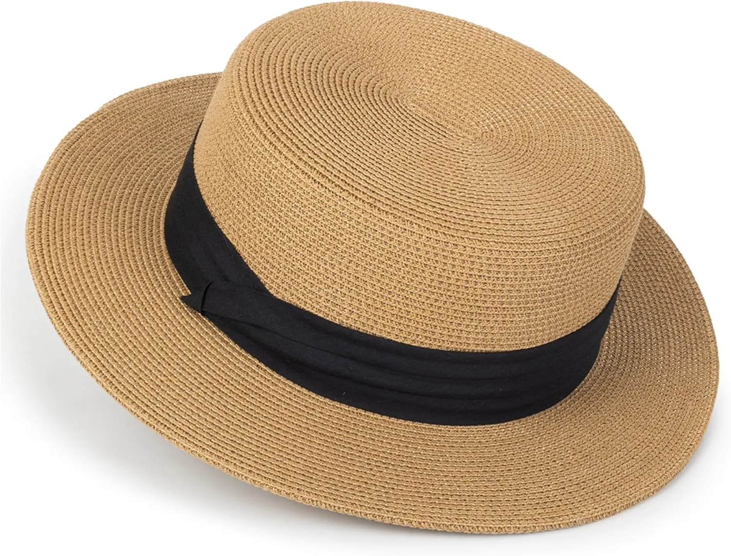 Straw Flat Top Sun-Boater-Hat for Men Women, Wide Brim Straw-Panama-Summer-Beach-Pork-Pie-Hats UPF 50  (S/M)