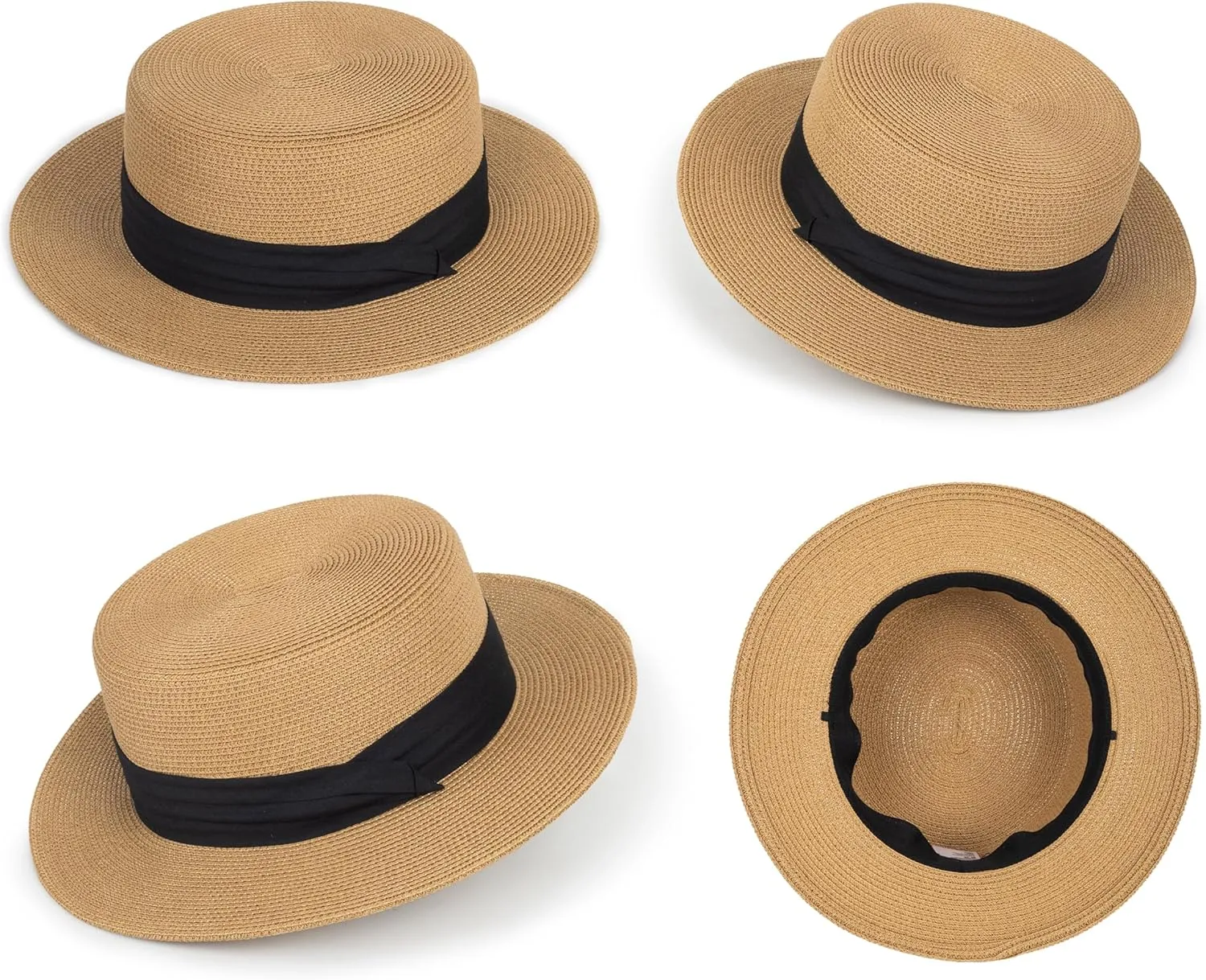 Straw Flat Top Sun-Boater-Hat for Men Women, Wide Brim Straw-Panama-Summer-Beach-Pork-Pie-Hats UPF 50  (S/M)
