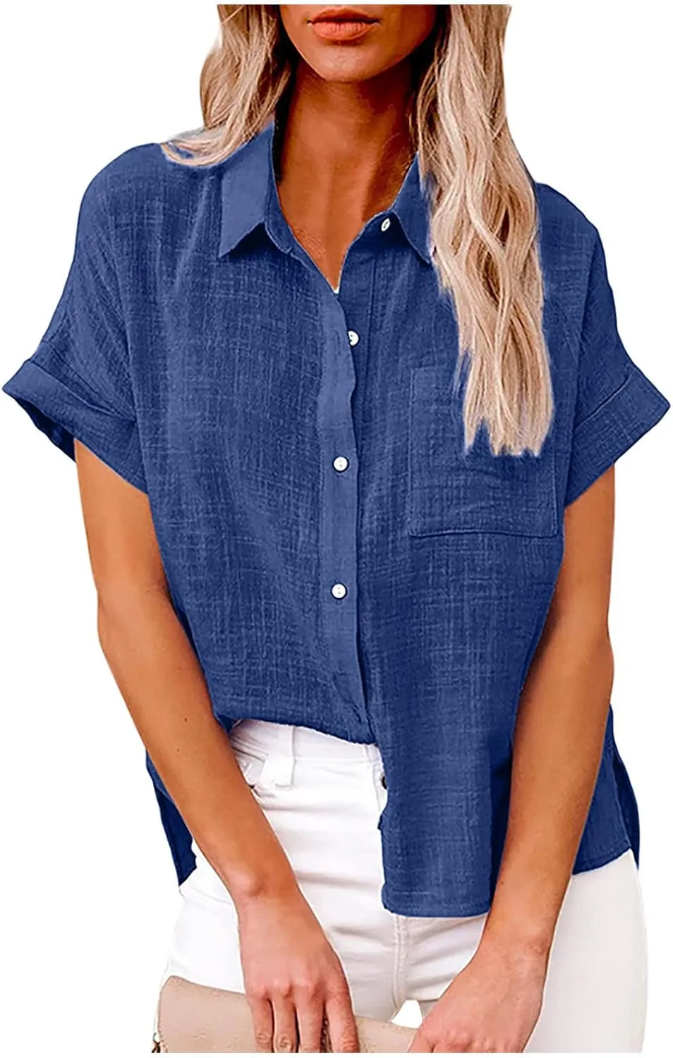 Summer Tops for Women 2023 Trendy Cotton Linen Button Down Blouses Casual Loose Short Sleeve Semi Formal Work Shirts