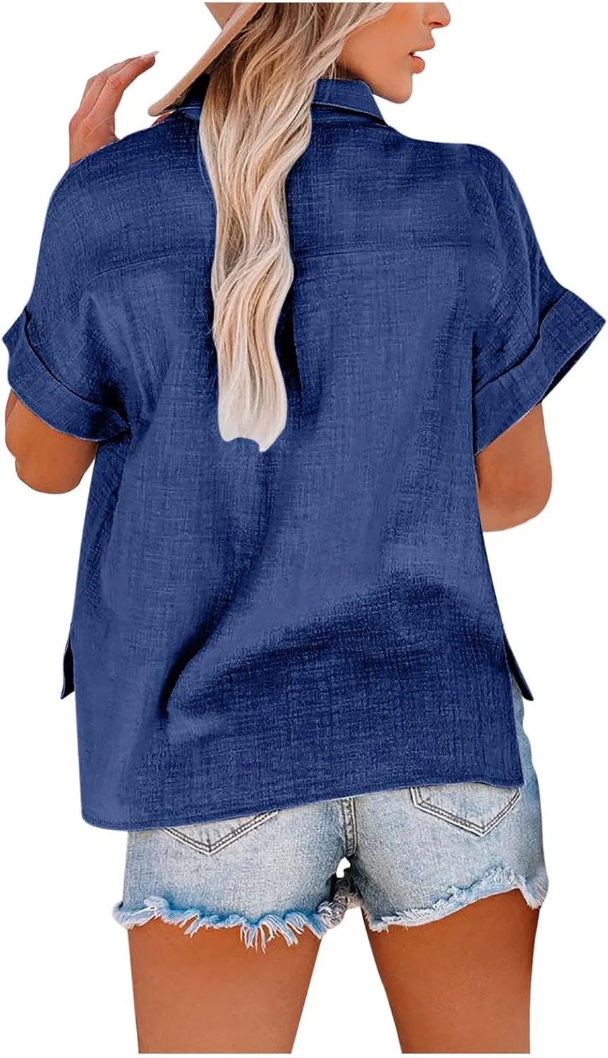 Summer Tops for Women 2023 Trendy Cotton Linen Button Down Blouses Casual Loose Short Sleeve Semi Formal Work Shirts