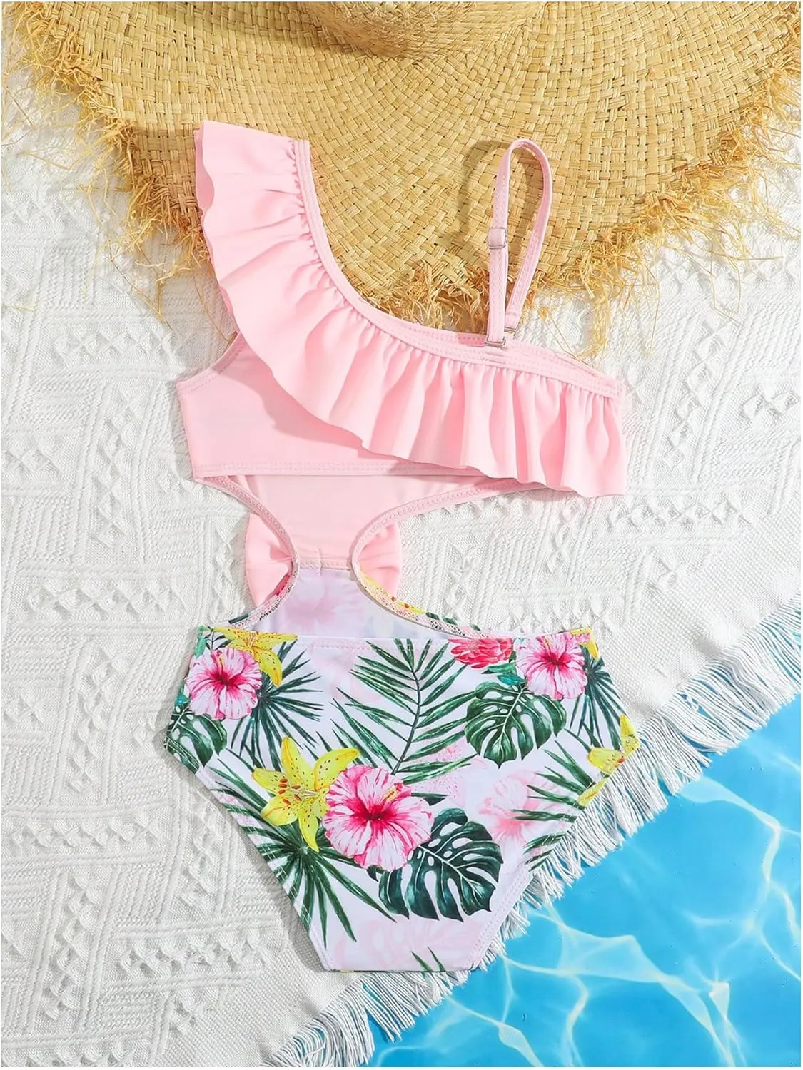 SweatyRocks Girl's Ruffle Tropical Print One Piece Bow Swimsuit Asymmetrical Cut Out Bathing Suit