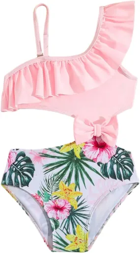 SweatyRocks Girl's Ruffle Tropical Print One Piece Bow Swimsuit Asymmetrical Cut Out Bathing Suit