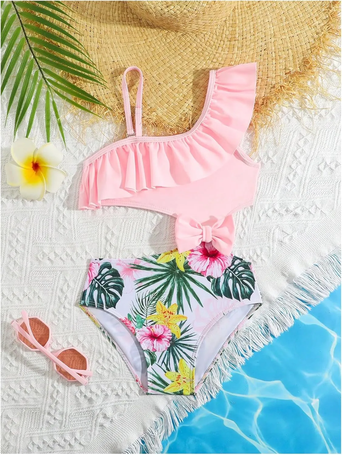 SweatyRocks Girl's Ruffle Tropical Print One Piece Bow Swimsuit Asymmetrical Cut Out Bathing Suit