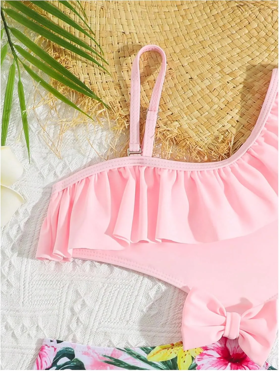 SweatyRocks Girl's Ruffle Tropical Print One Piece Bow Swimsuit Asymmetrical Cut Out Bathing Suit