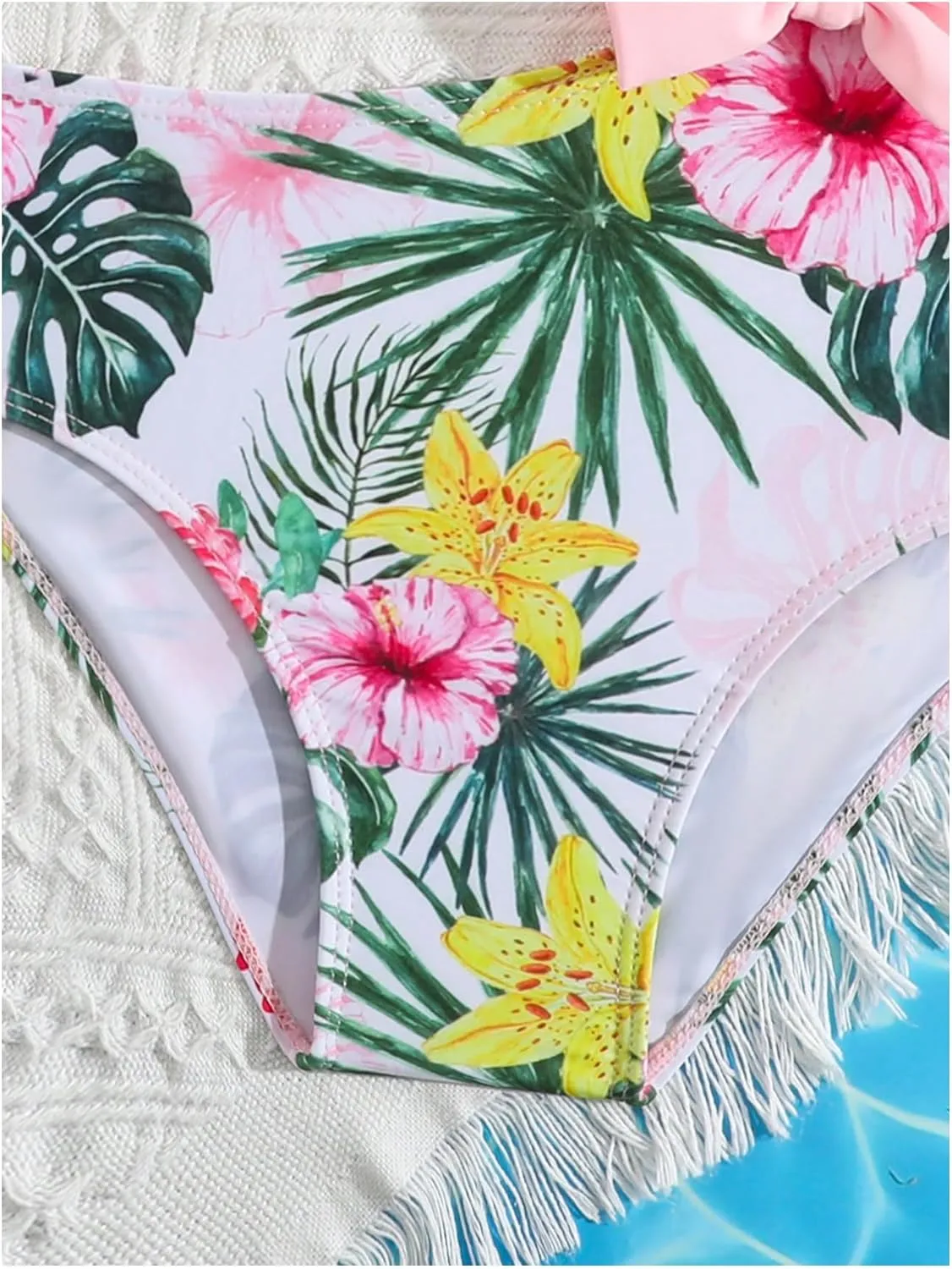 SweatyRocks Girl's Ruffle Tropical Print One Piece Bow Swimsuit Asymmetrical Cut Out Bathing Suit