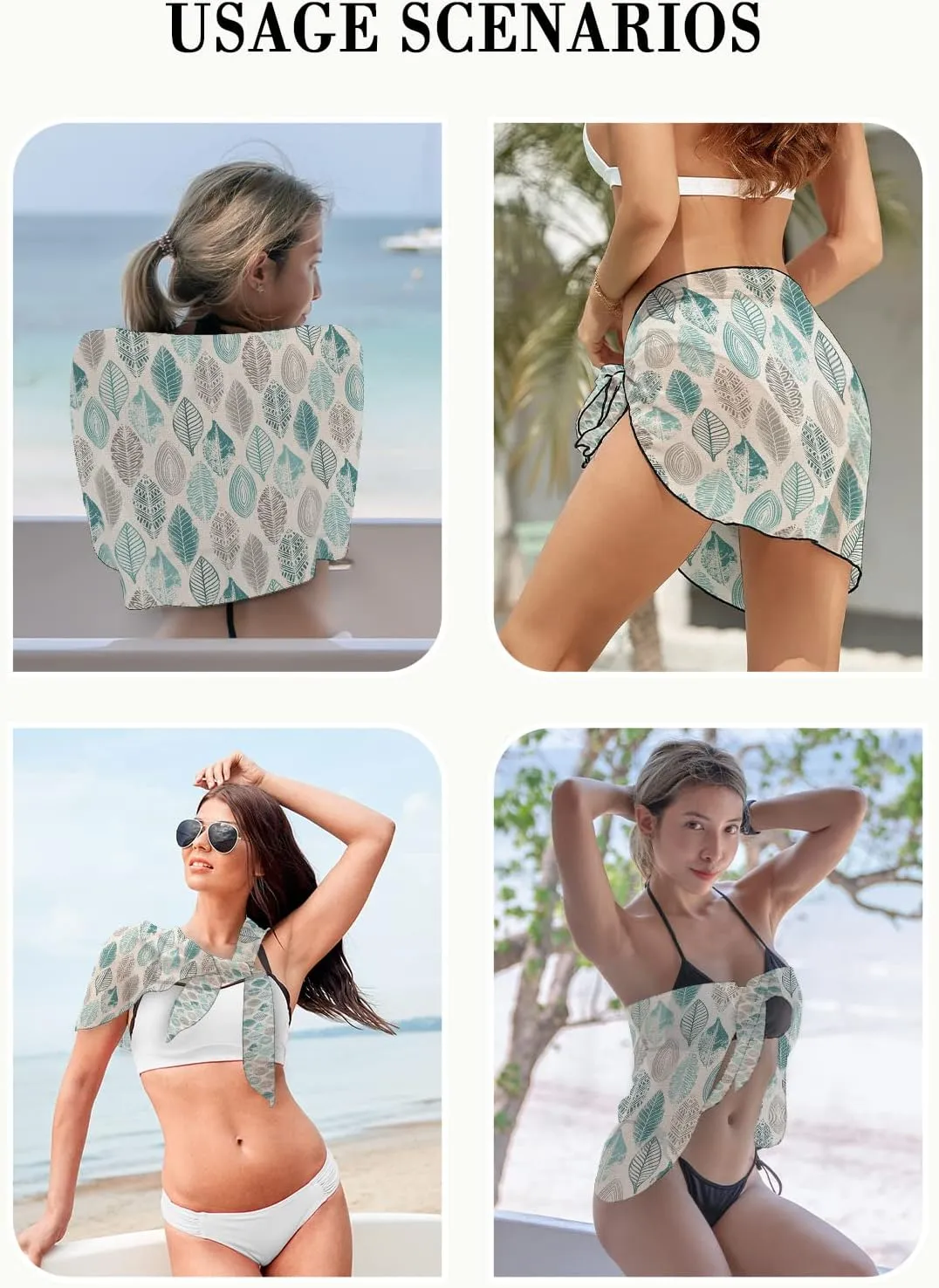 Teal Green Grey Leaves Women's Swimsuit Coverup, Short Sarong Beach Wrap Skirt, Summer Fall Leaf Linen Texture