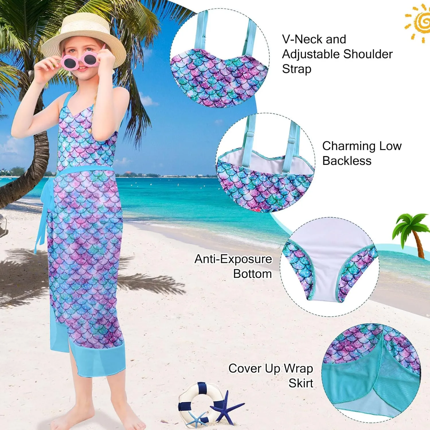 uideazone Girls One Piece Swimsuit with Cover Up Wrap Skirt Set Cool Printed Two Piece Bathing Suit 6-12T