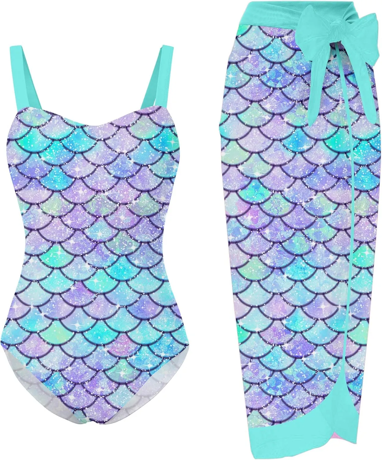 uideazone Girls One Piece Swimsuit with Cover Up Wrap Skirt Set Cool Printed Two Piece Bathing Suit 6-12T