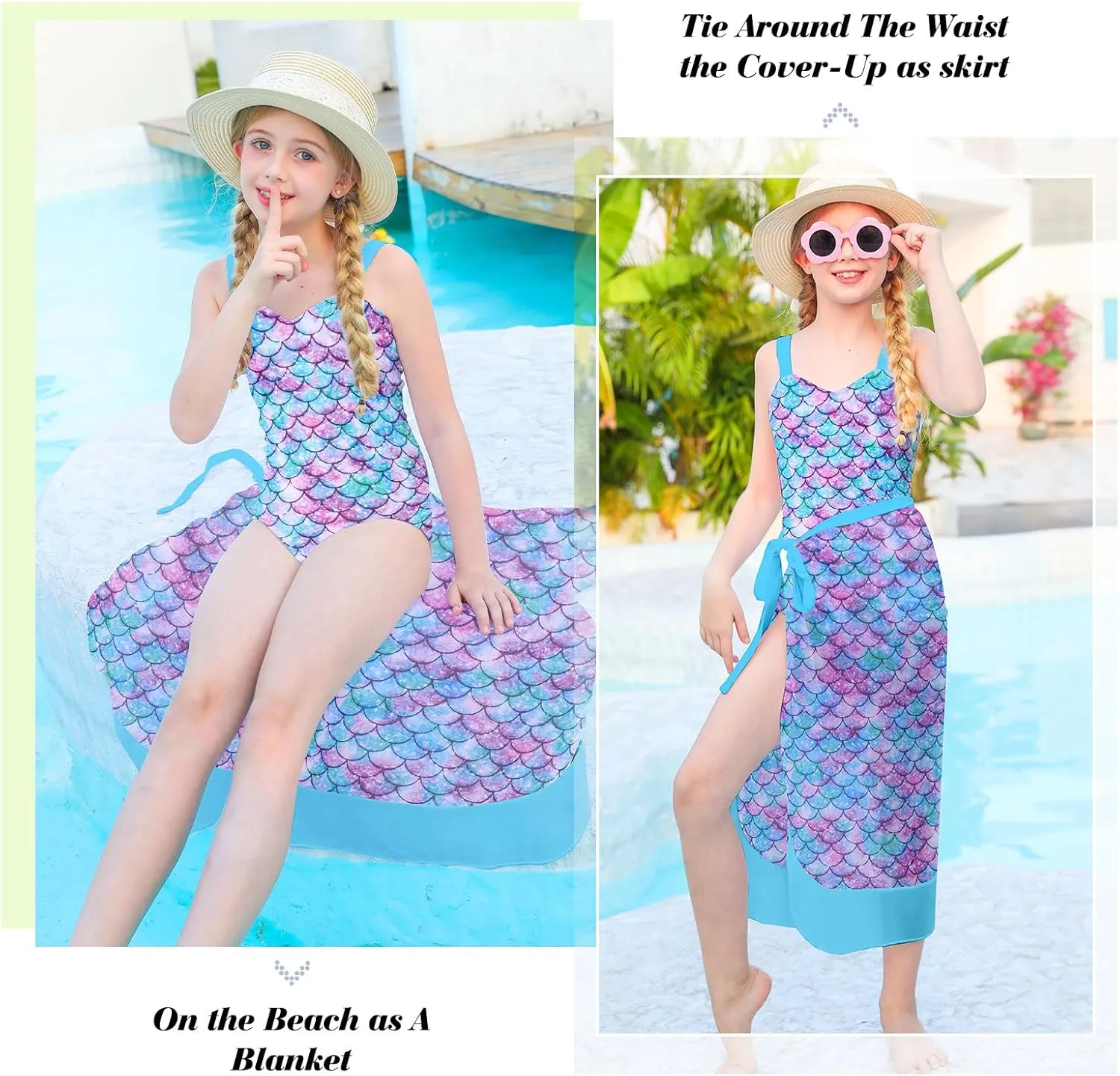 uideazone Girls One Piece Swimsuit with Cover Up Wrap Skirt Set Cool Printed Two Piece Bathing Suit 6-12T