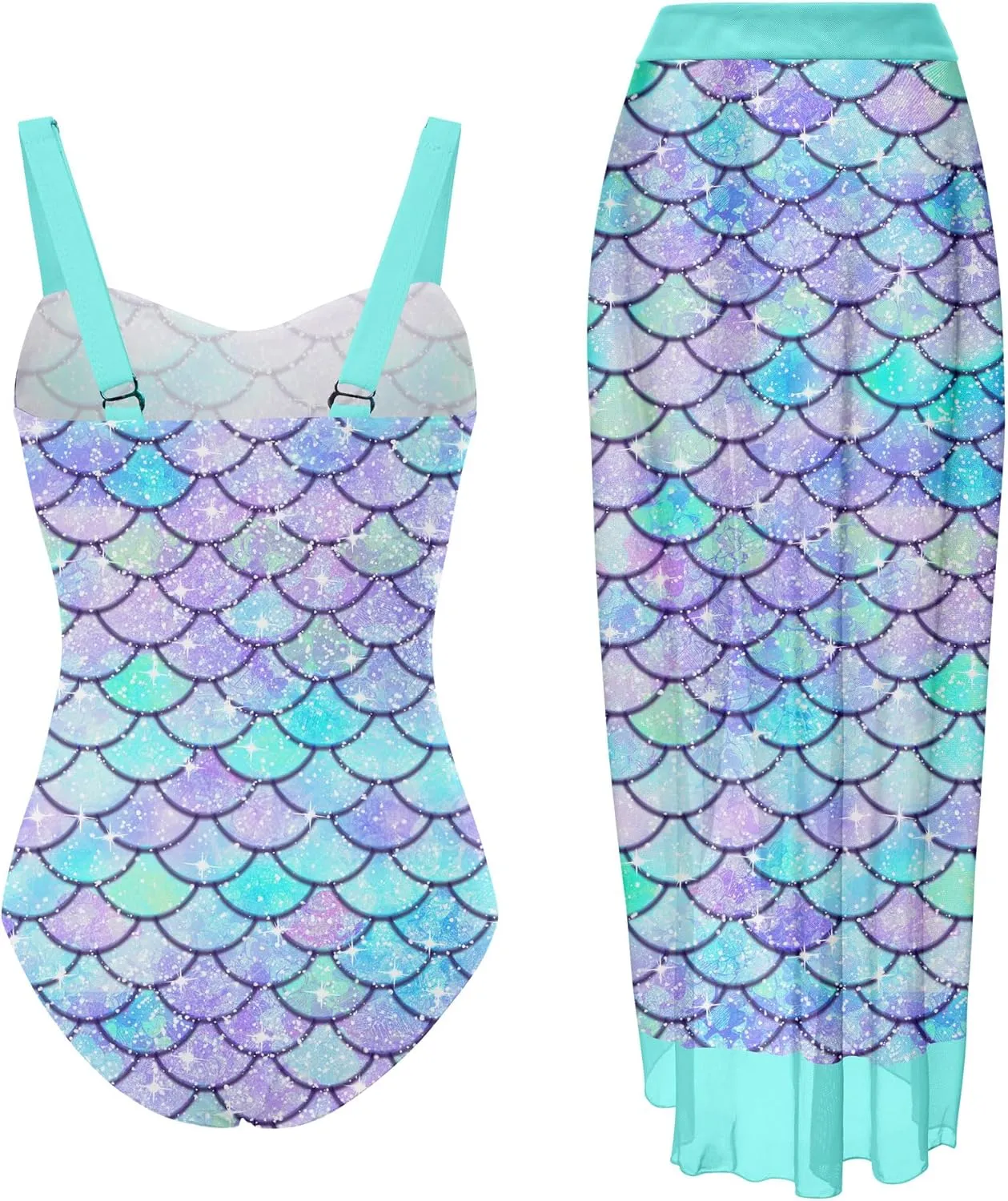uideazone Girls One Piece Swimsuit with Cover Up Wrap Skirt Set Cool Printed Two Piece Bathing Suit 6-12T
