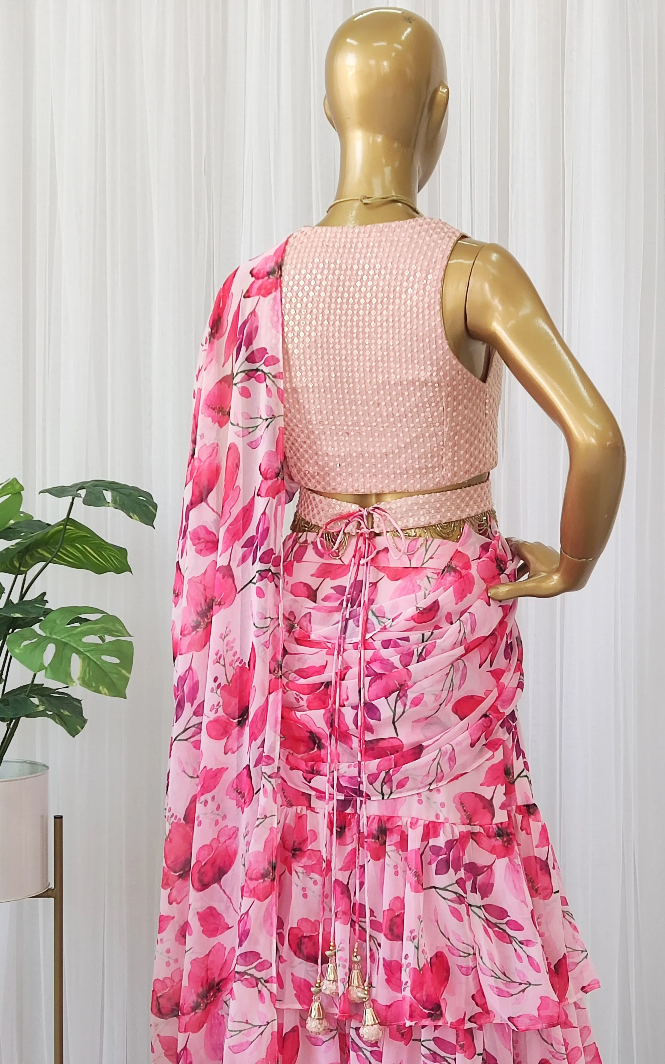 Watercolor Flowers Pre-Stitched Ruffle Saree With Embellished Belt