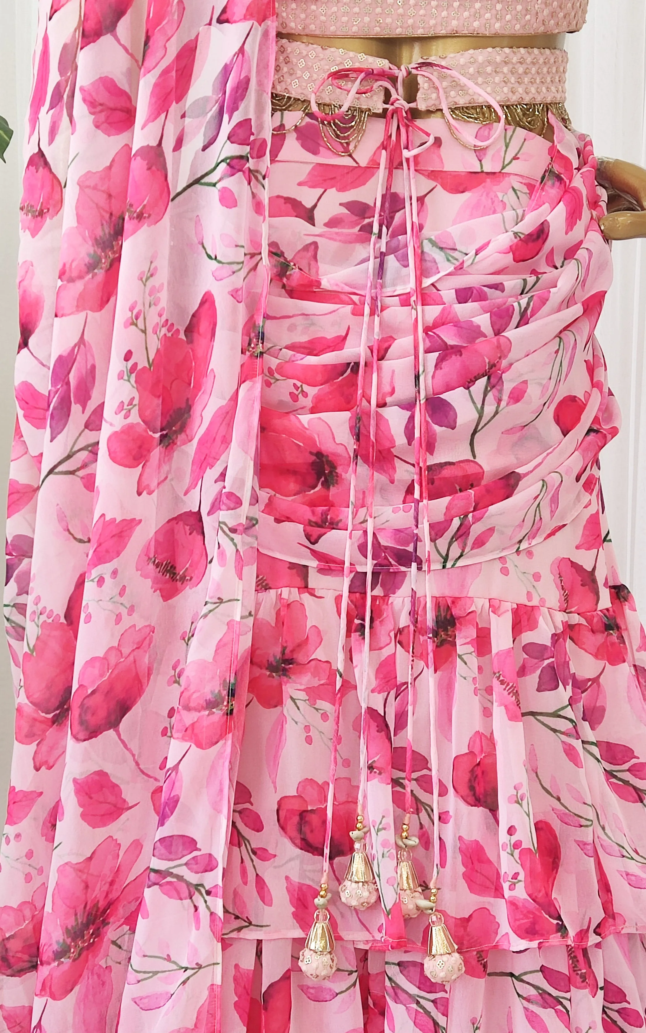 Watercolor Flowers Pre-Stitched Ruffle Saree With Embellished Belt