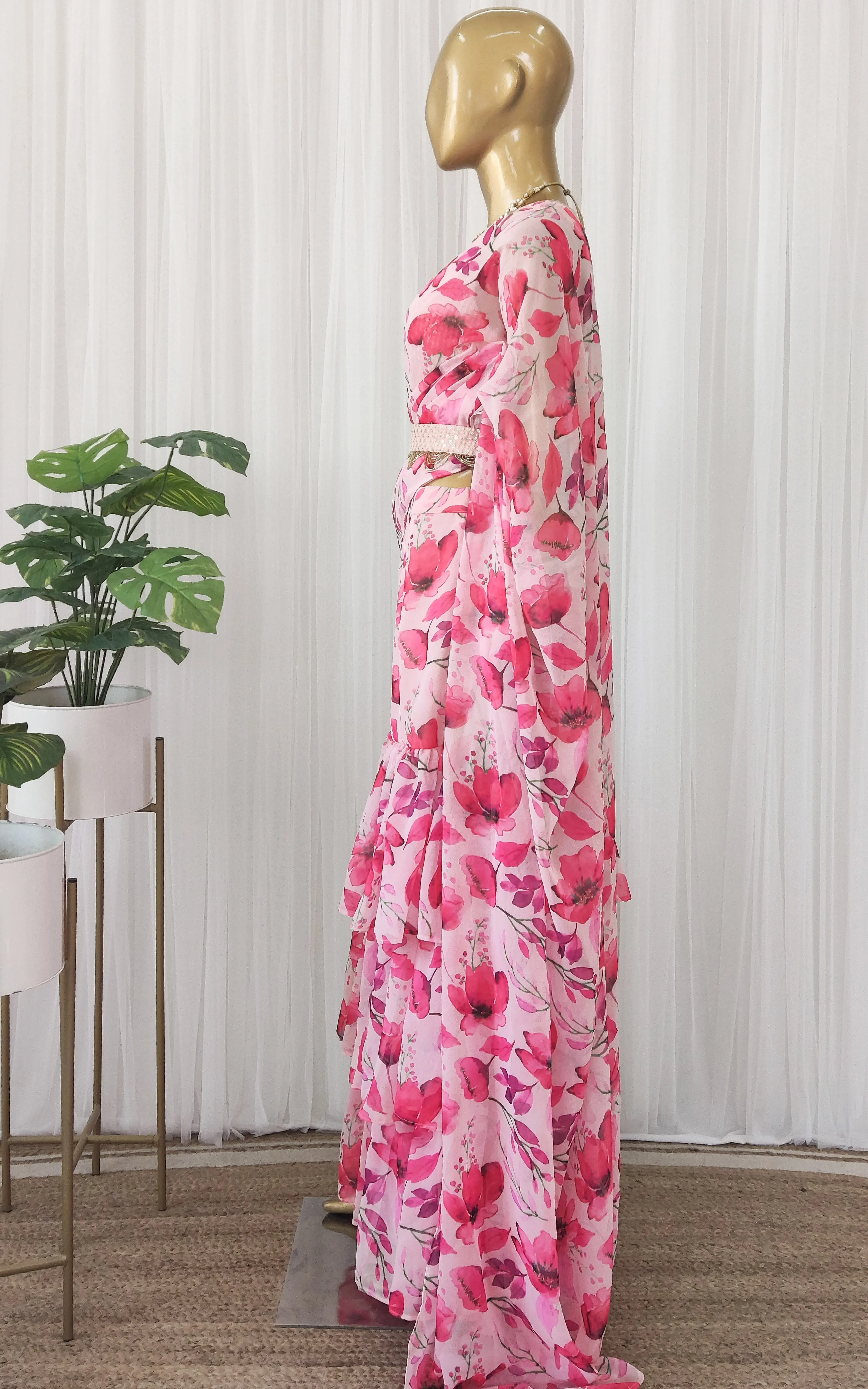 Watercolor Flowers Pre-Stitched Ruffle Saree With Embellished Belt