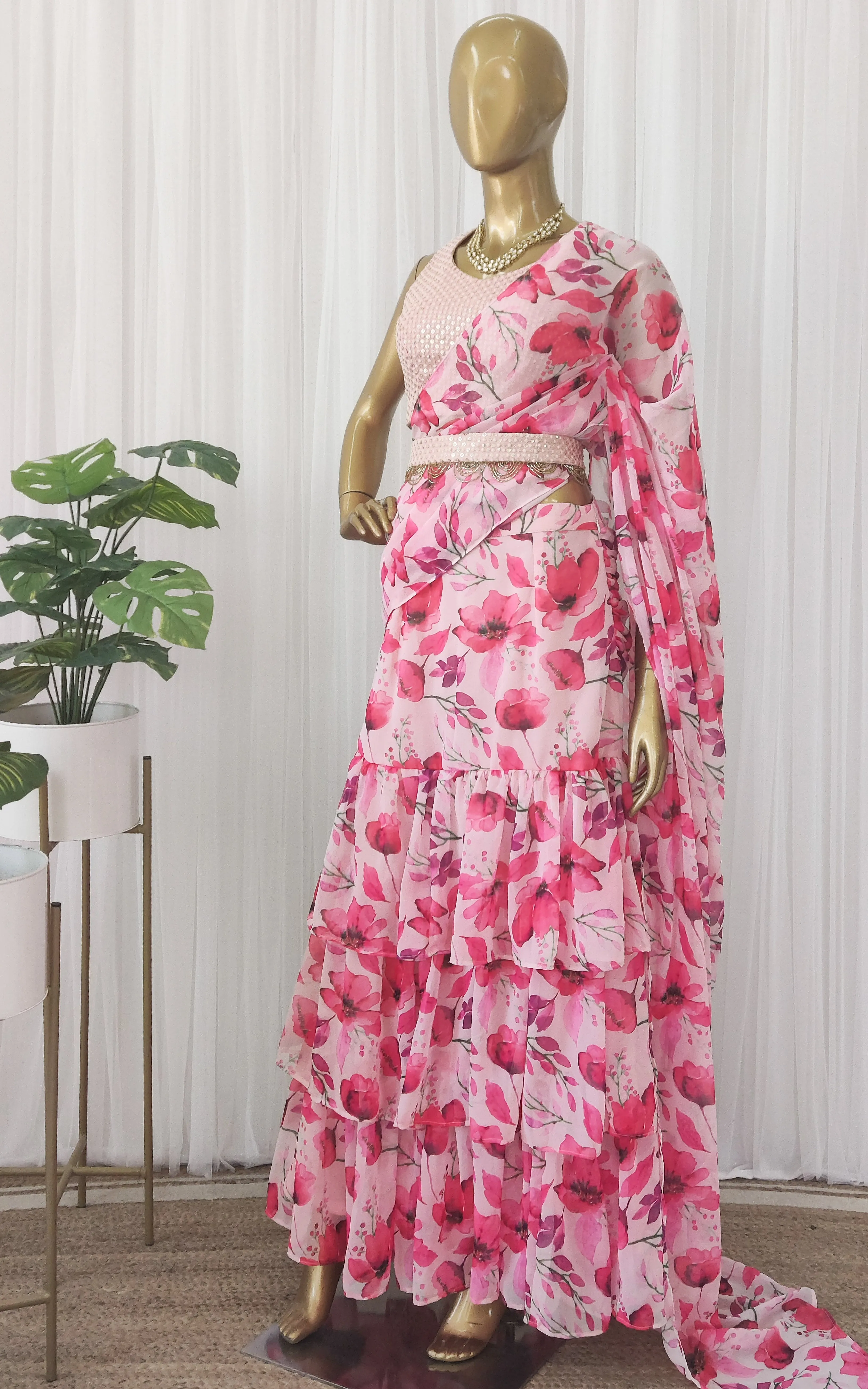 Watercolor Flowers Pre-Stitched Ruffle Saree With Embellished Belt
