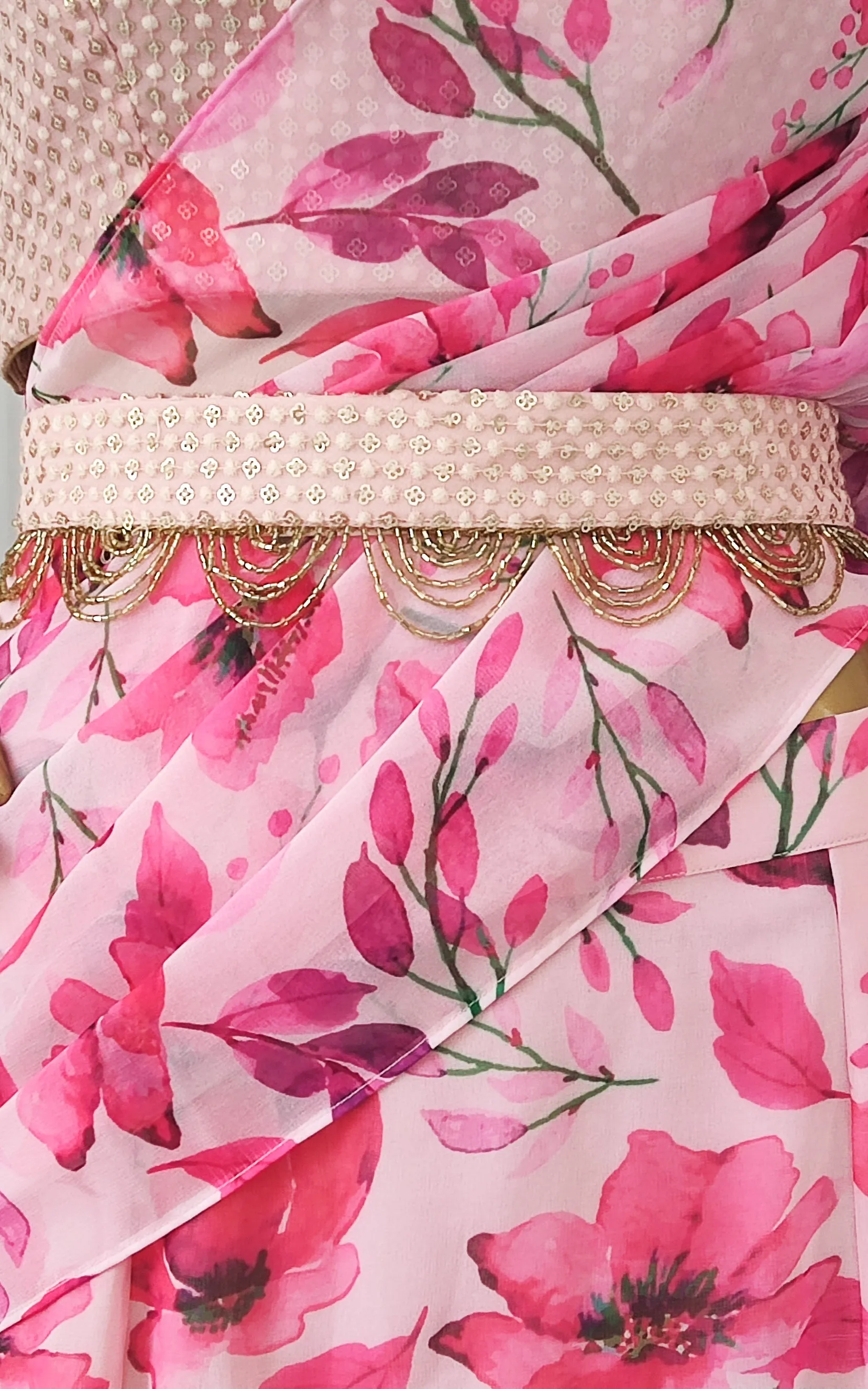 Watercolor Flowers Pre-Stitched Ruffle Saree With Embellished Belt