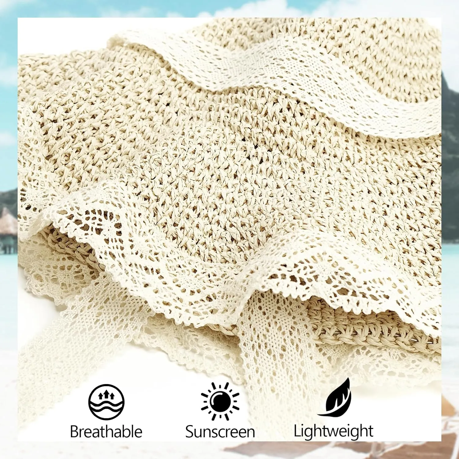 Women Straw Sun Hat with Lace Foldable Beach Hat Wide Brim Floppy Bucket Hat