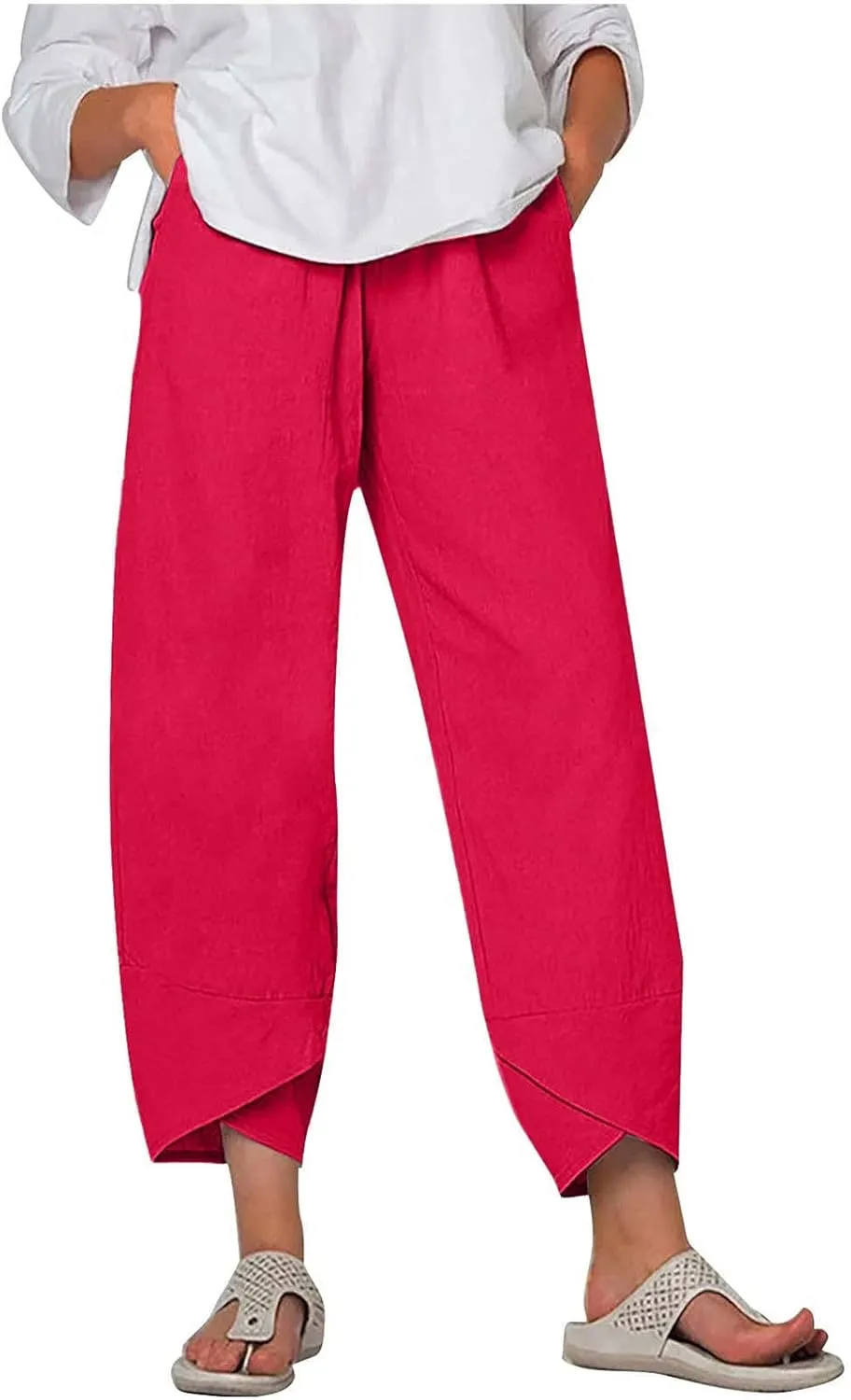 Womens Capris for Summer Linen Casual Cropped Pants Loose Fit Wide Leg Pants Summer Baggy Trousers with Pockets