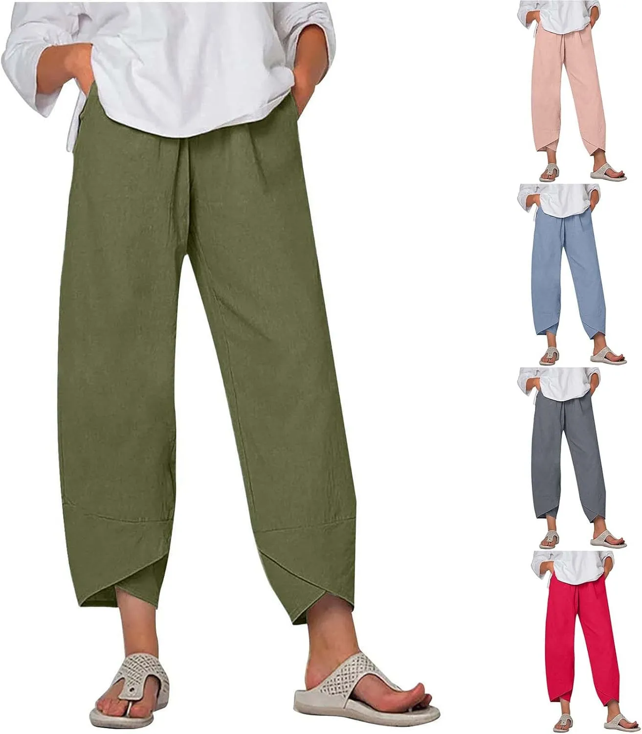 Womens Capris for Summer Linen Casual Cropped Pants Loose Fit Wide Leg Pants Summer Baggy Trousers with Pockets