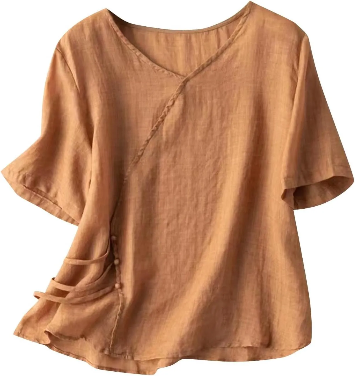 Womens Cotton Linen Elbow Sleeve Shirts Summer Casual Half Sleeve Tops Casual Flowy Plain Tees Loose V Neck Blouse