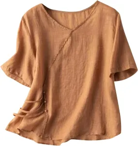 Womens Cotton Linen Elbow Sleeve Shirts Summer Casual Half Sleeve Tops Casual Flowy Plain Tees Loose V Neck Blouse