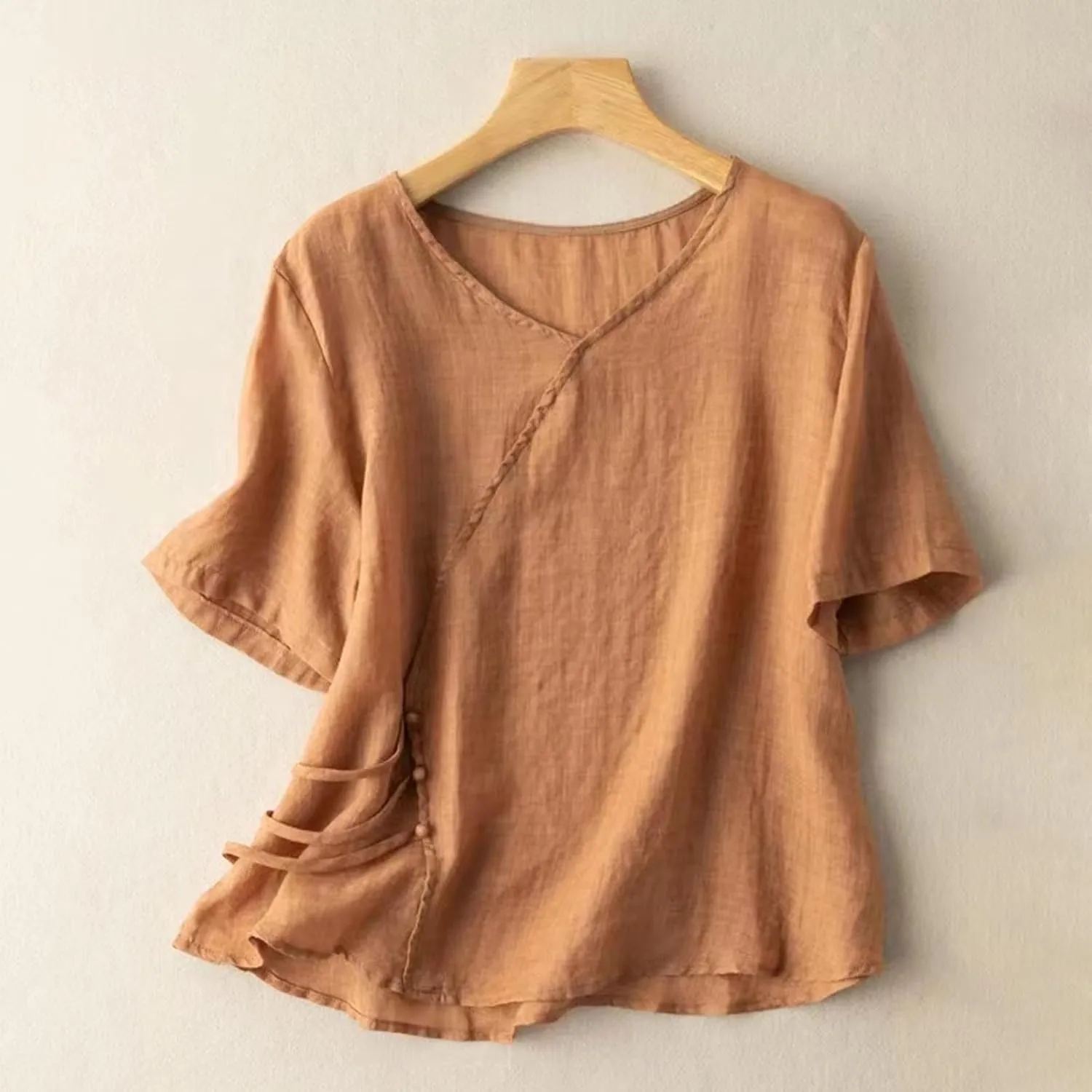 Womens Cotton Linen Elbow Sleeve Shirts Summer Casual Half Sleeve Tops Casual Flowy Plain Tees Loose V Neck Blouse