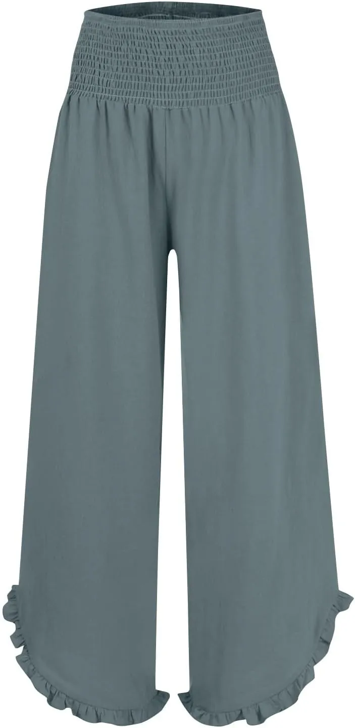 Women's Cotton Linen Pants,Summer Wide Leg Casual Elastic Drawstring High Waist Palazzo Pants with Pockets