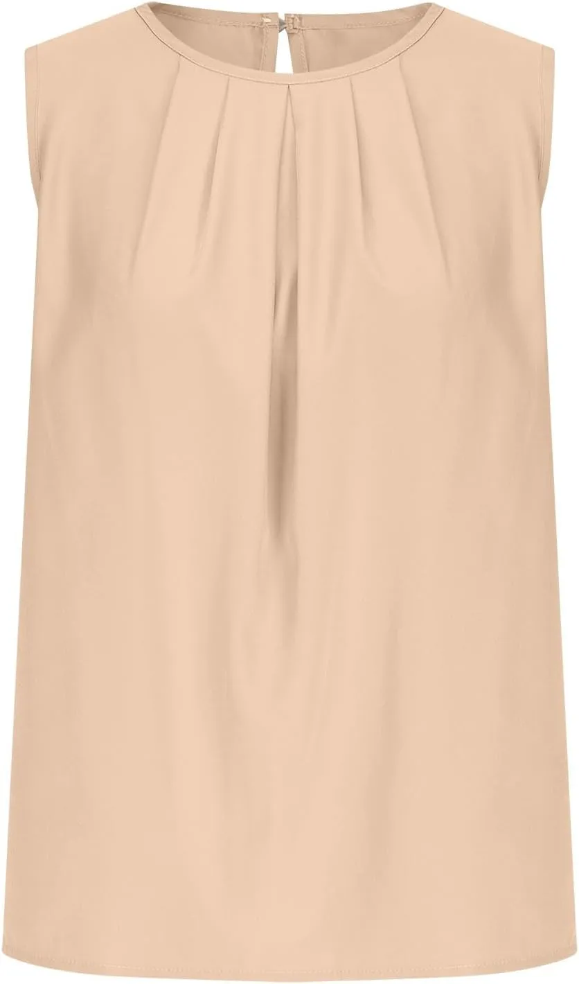 Womens Cute Sleeveless Shirts Pleated Round Neck Tank Tops Casual Comfy Solid Color Going Out Blouse