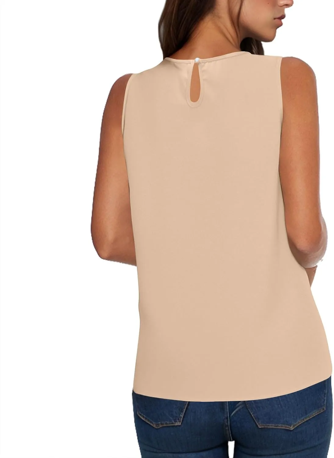 Womens Cute Sleeveless Shirts Pleated Round Neck Tank Tops Casual Comfy Solid Color Going Out Blouse