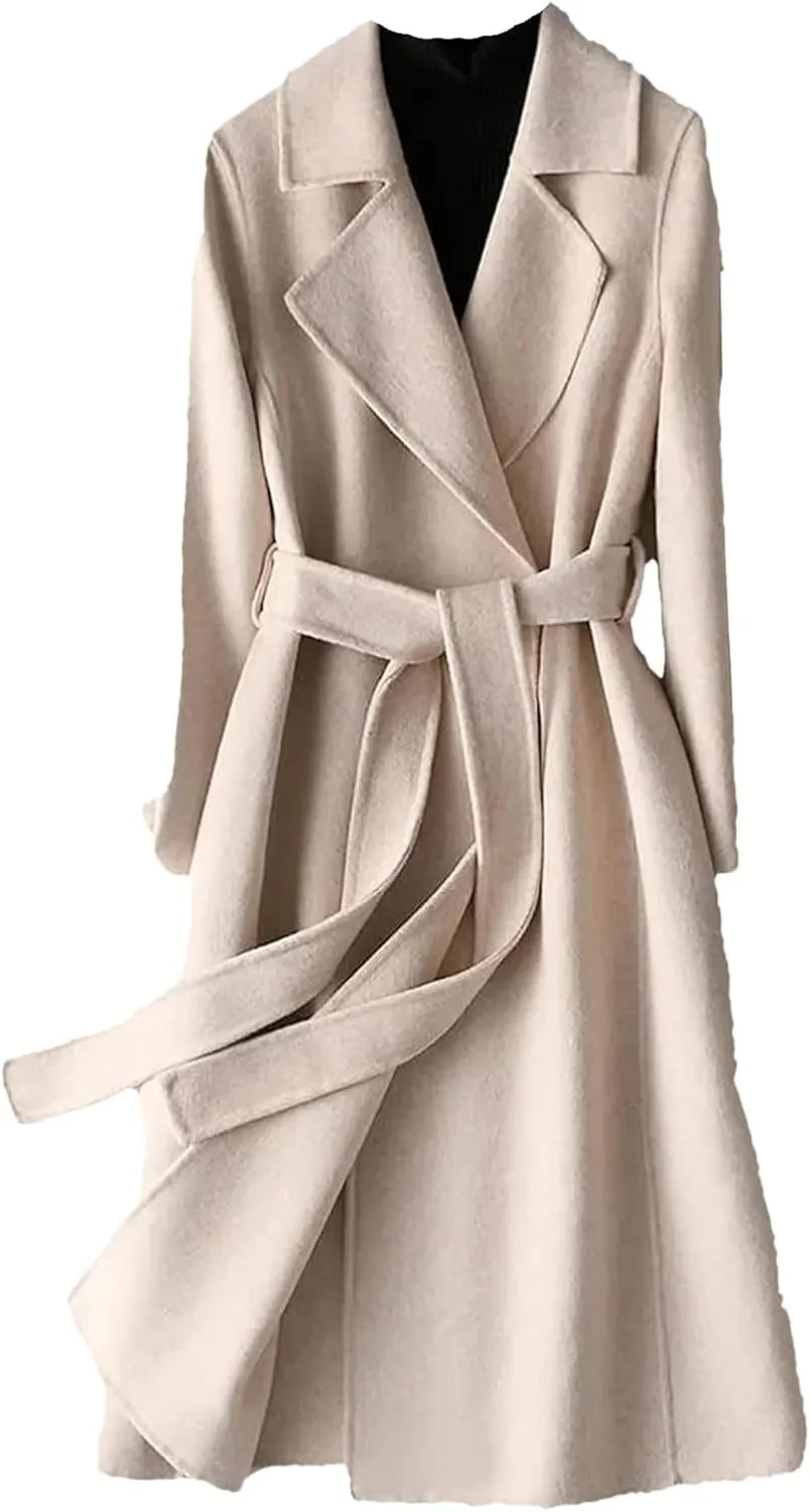 Women's Double-Sided Wool Blend Mid-Length Trench Coat with Belt Slim Fit Stylish Office Wear