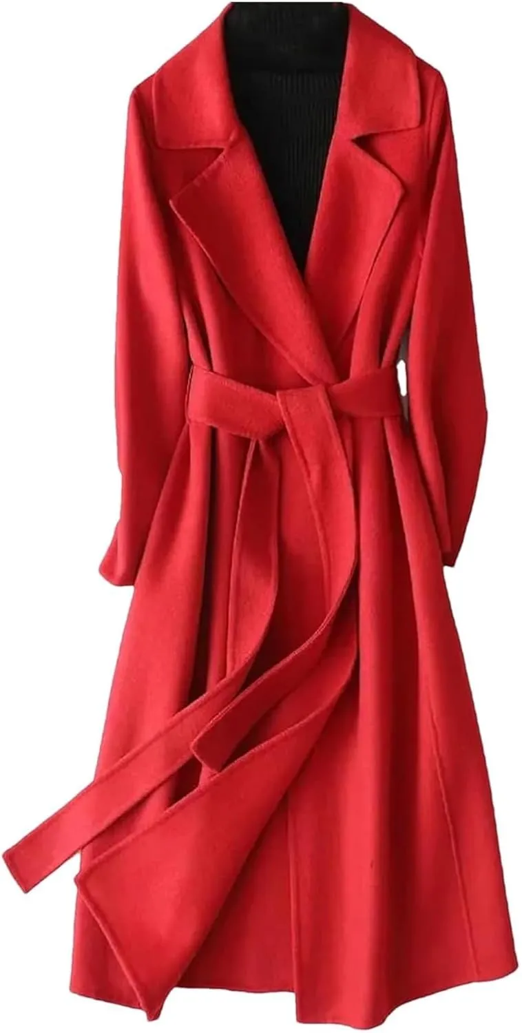Women's Double-Sided Wool Blend Mid-Length Trench Coat with Belt Slim Fit Stylish Office Wear