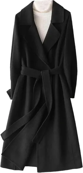 Women's Double-Sided Wool Blend Mid-Length Trench Coat with Belt Slim Fit Stylish Office Wear