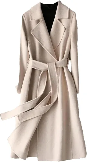 Women's Double-Sided Wool Blend Mid-Length Trench Coat with Belt Slim Fit Stylish Office Wear