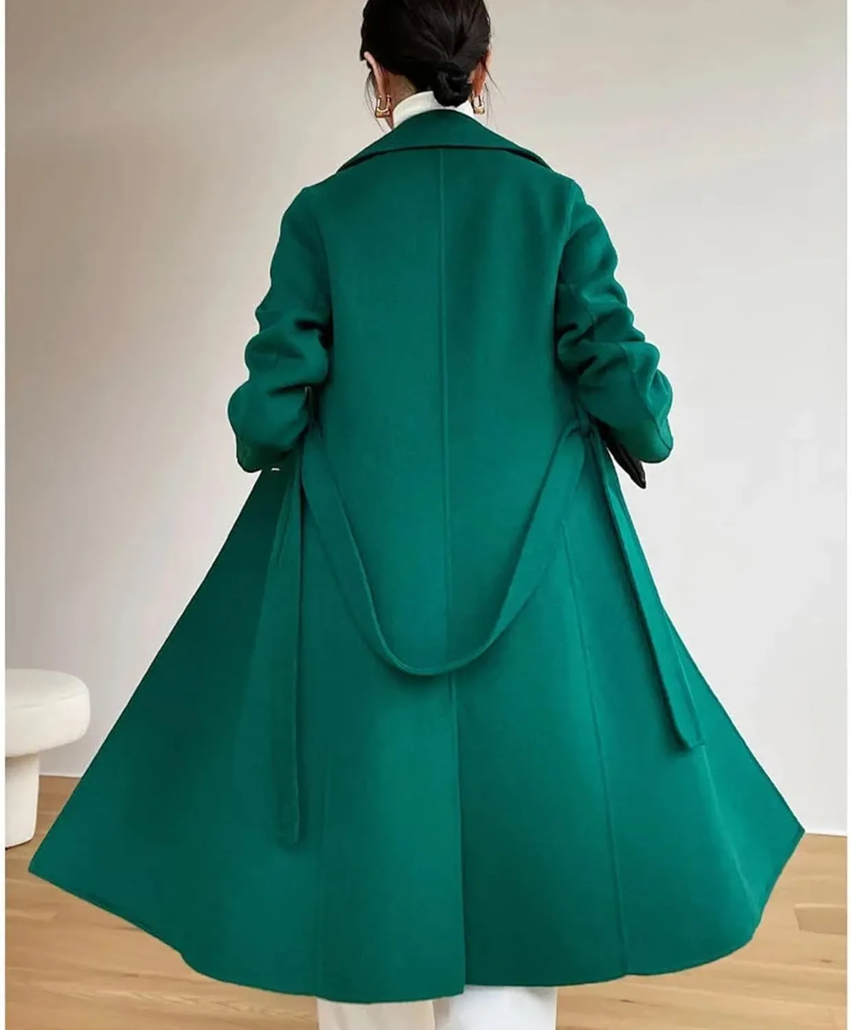 Women's Double-Sided Wool Blend Mid-Length Trench Coat with Belt Slim Fit Stylish Office Wear