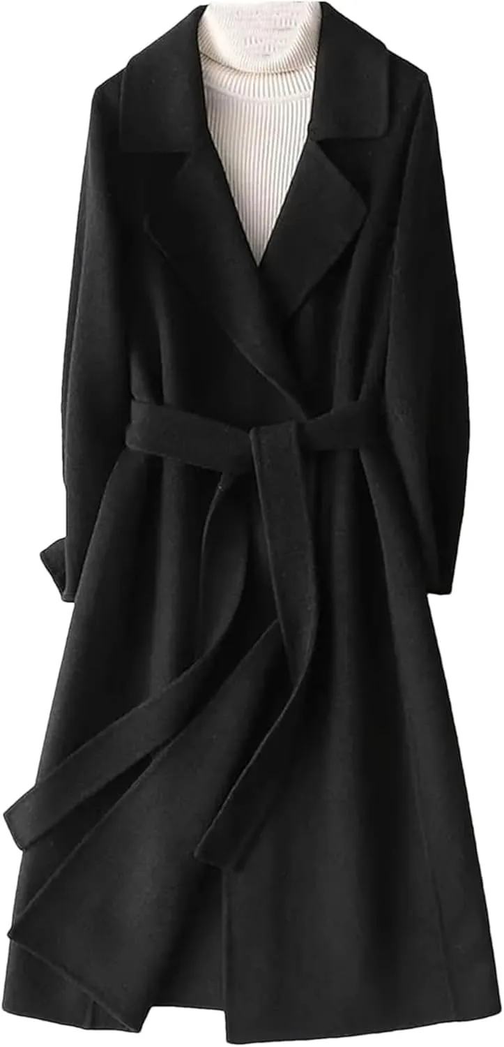 Women's Double-Sided Wool Blend Mid-Length Trench Coat with Belt Slim Fit Stylish Office Wear