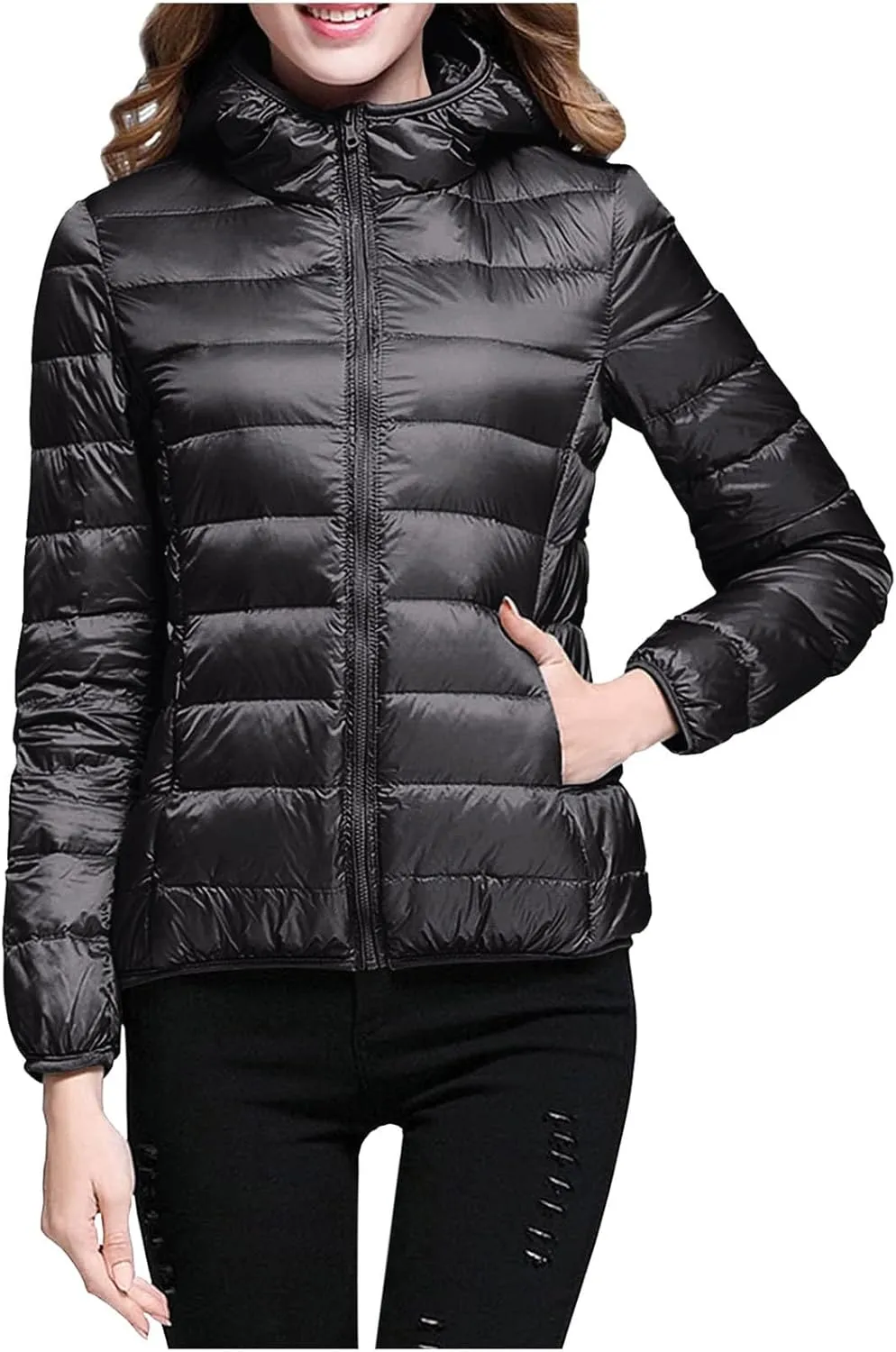 Women's Hooded Packable Ultra Light Weight Short Down Jacket Full-Zip Short Puffer Jackets