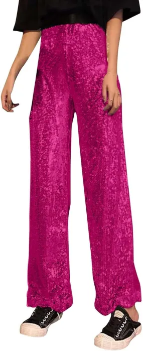 Women's Metallic Glitter Flowy A Line Design Fashion Casual Pants High Waisted Baggy Wide Leg Straight Trousers