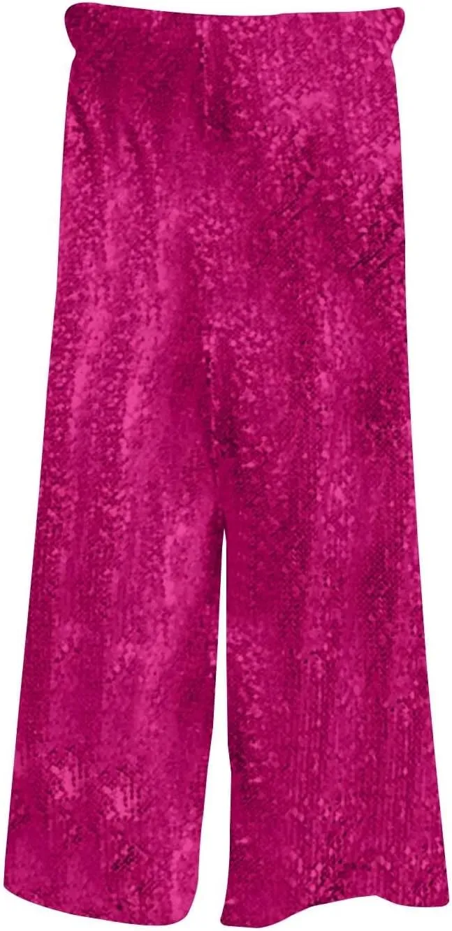 Women's Metallic Glitter Flowy A Line Design Fashion Casual Pants High Waisted Baggy Wide Leg Straight Trousers