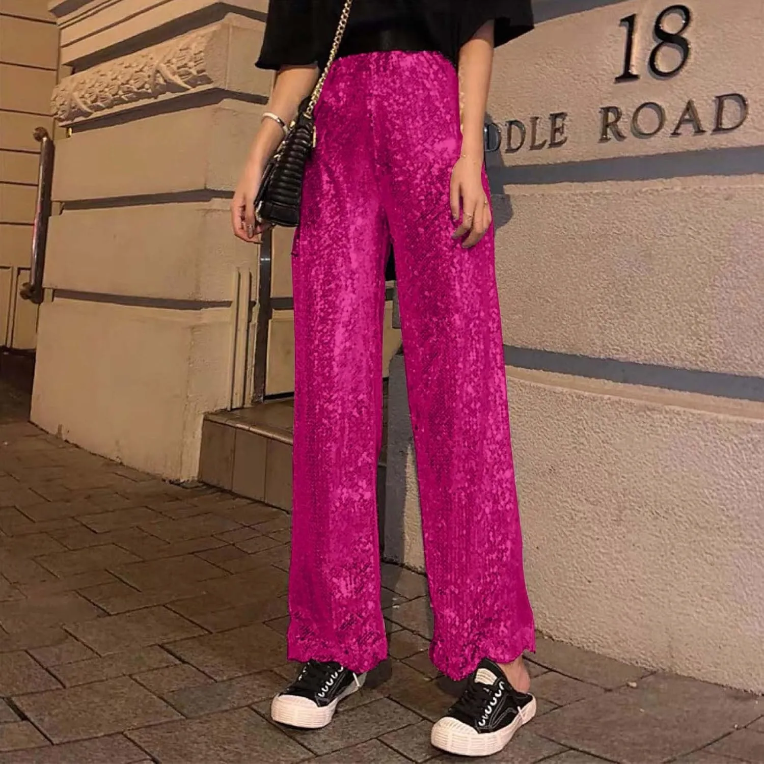 Women's Metallic Glitter Flowy A Line Design Fashion Casual Pants High Waisted Baggy Wide Leg Straight Trousers