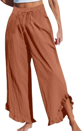 Women's Pants Linen Pants Summer High Waisted Palazzo Pants Wide Leg Drawstring Elastic Waist Loose Comfy Trousers