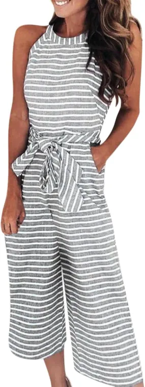 Womens Summer Sets Striped Sleeveless Boe Belt Jumpsuit with Pockets Y2k Stylish Travel Clothes Women Church Outfits