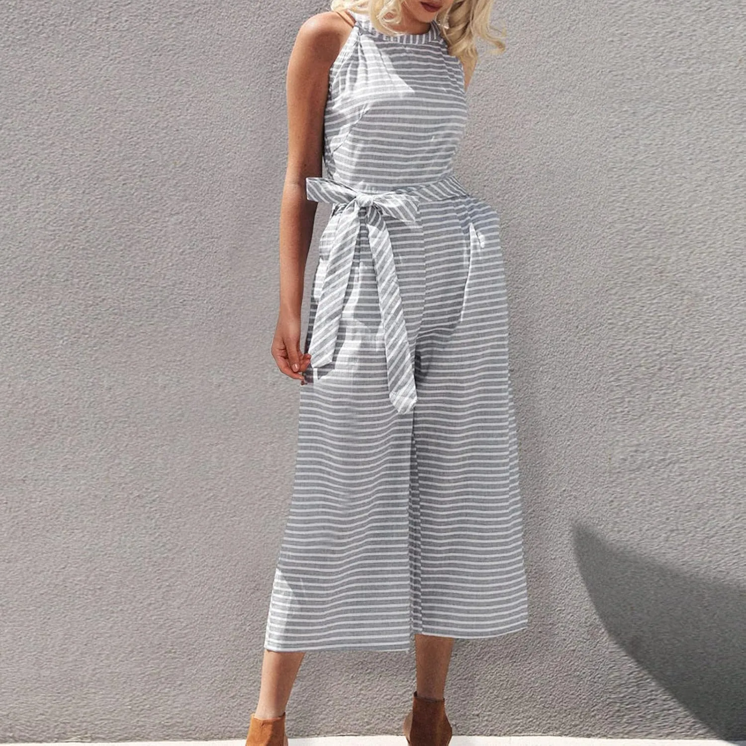 Womens Summer Sets Striped Sleeveless Boe Belt Jumpsuit with Pockets Y2k Stylish Travel Clothes Women Church Outfits