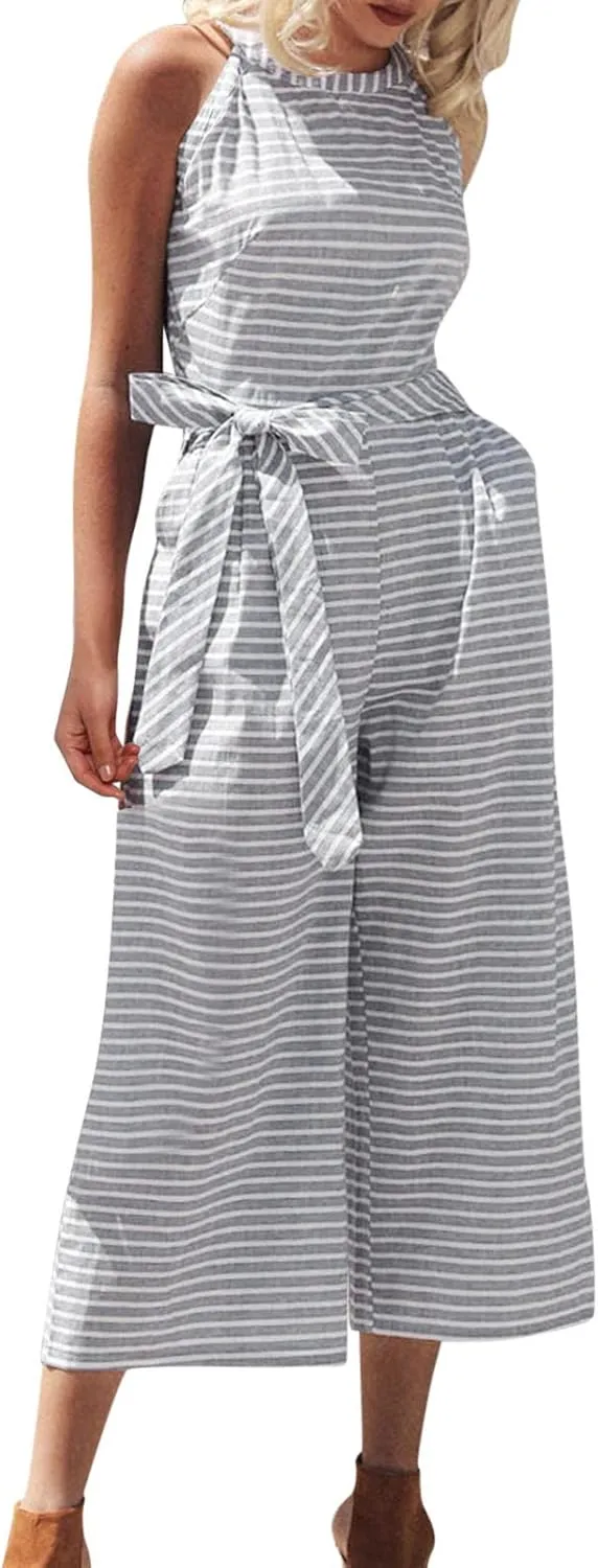 Womens Summer Sets Striped Sleeveless Boe Belt Jumpsuit with Pockets Y2k Stylish Travel Clothes Women Church Outfits