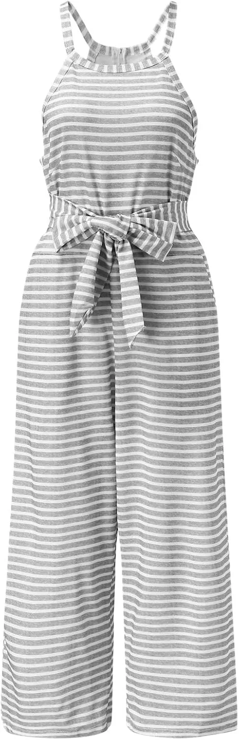 Womens Summer Sets Striped Sleeveless Boe Belt Jumpsuit with Pockets Y2k Stylish Travel Clothes Women Church Outfits